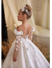 Beaded White Lace Satin 3D Flowers Flower Girl Dress